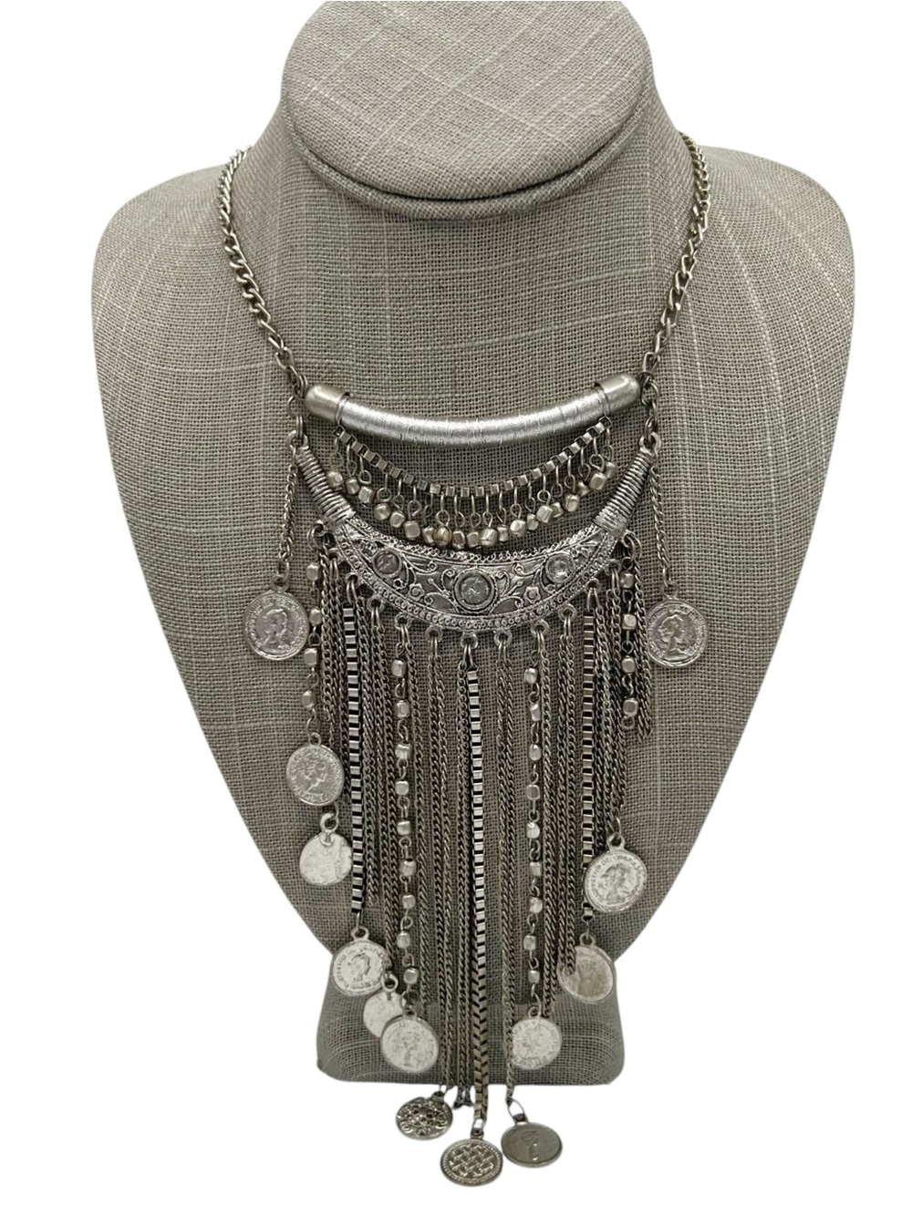 Silver Tone Boho Belly Dancer Bollywood Draped Coin Tassel Necklace